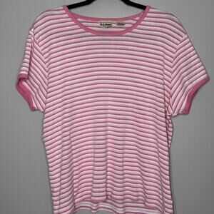 L.L. Bean Womens Size XL Pink White Stripe Short Sleeve Crew Neck Pullover Shirt
